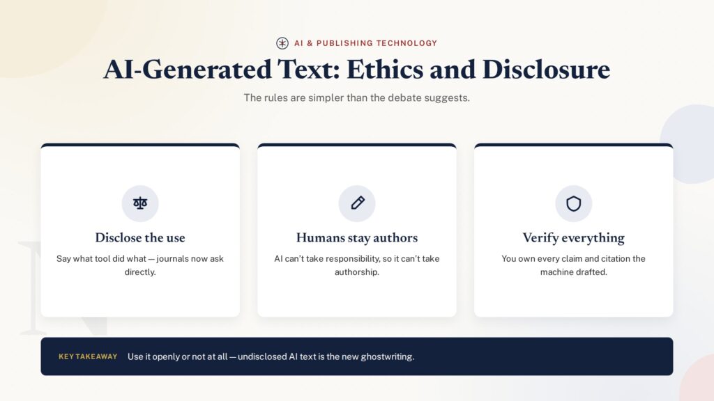 Card grid on ethics and disclosure of AI-generated text in research - PublearnHub infographic