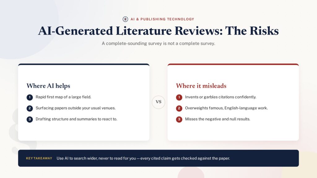 Comparison of where AI helps and misleads in literature reviews - PublearnHub infographic