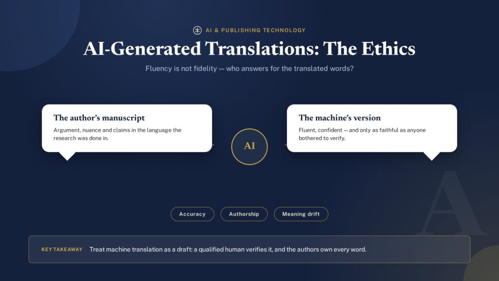 Speech bubbles showing an author manuscript and its AI-generated translation with ethics chips - PublearnHub infographic (dark edition)