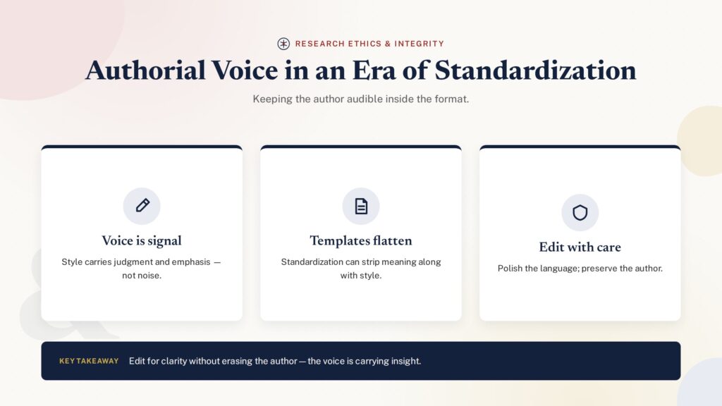 Card grid on preserving authorial voice in academic writing - PublearnHub infographic
