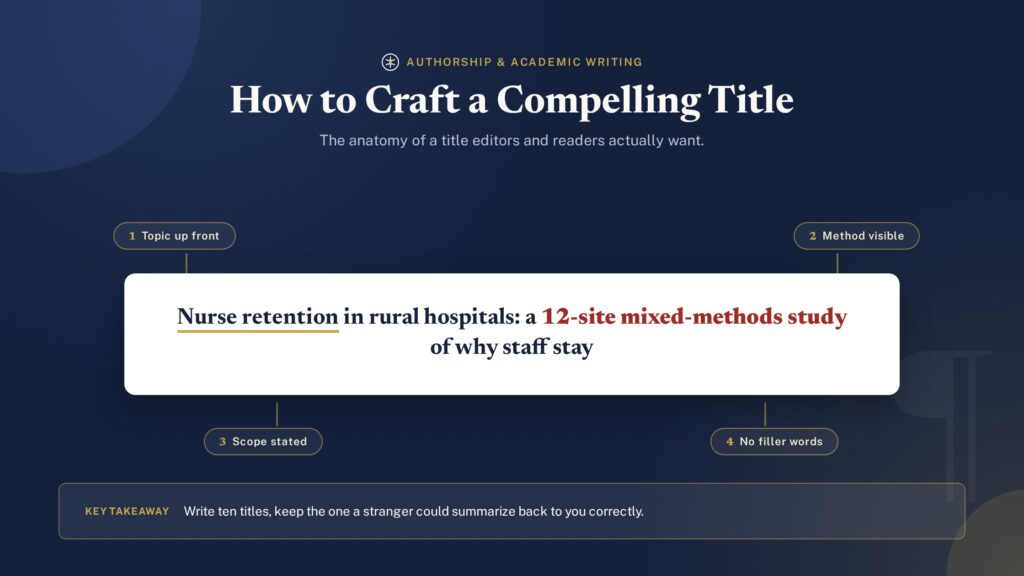 Anatomy of a compelling academic paper title, annotated for clarity, keywords and scope - PublearnHub infographic (dark edition)
