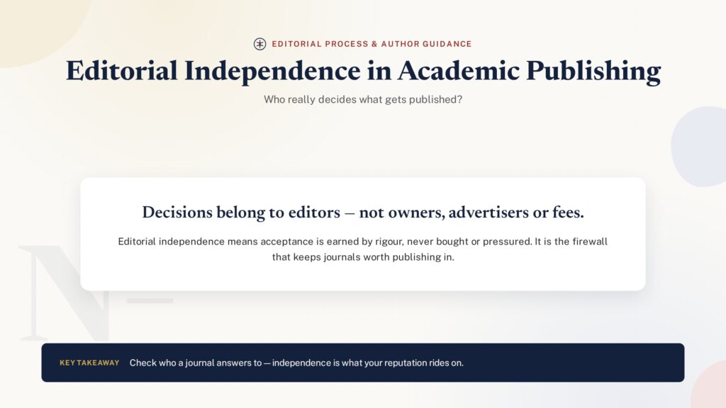Editorial independence in scholarly journals title card - PublearnHub infographic