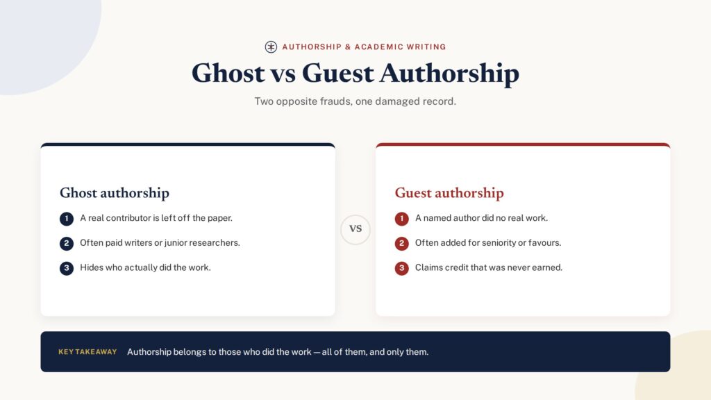 Ghost authorship vs guest authorship compared — two opposite frauds that damage the record