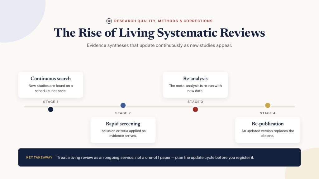 Living systematic review cycle: continuous search, rapid screening, re-analysis, re-publication