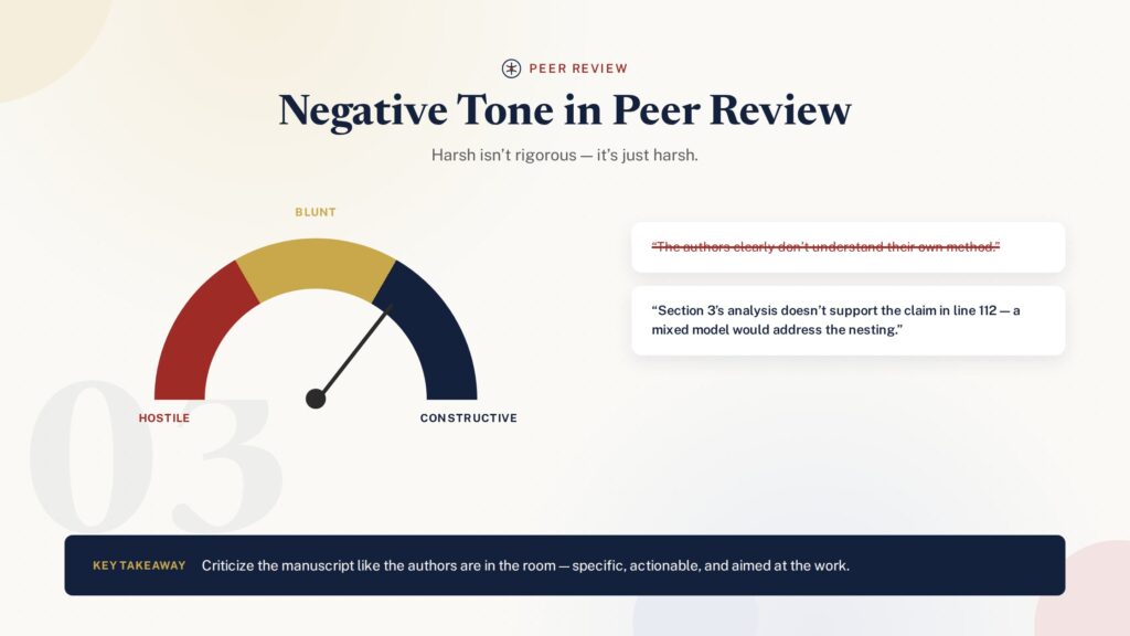 Tone gauge from hostile to constructive peer review with example rewrite - PublearnHub infographic