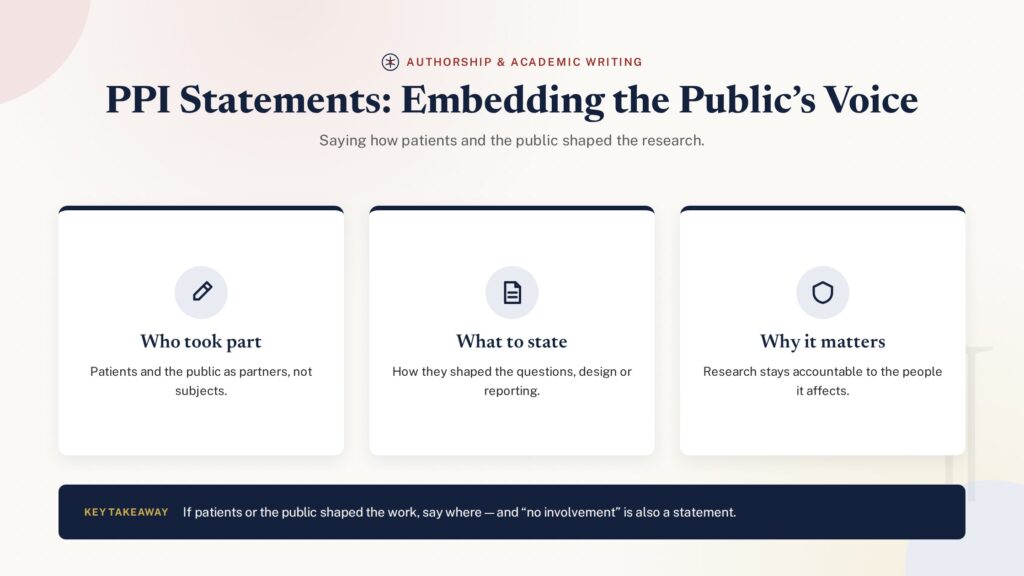 Card grid of patient and public involvement statement components - PublearnHub infographic