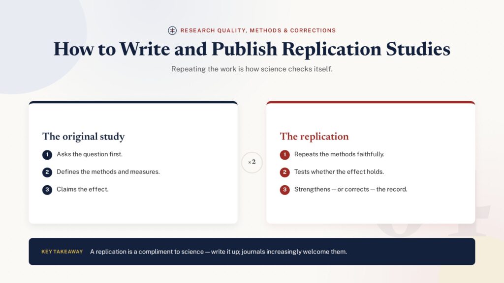 Comparison of original studies versus replication studies in academic publishing - PublearnHub infographic