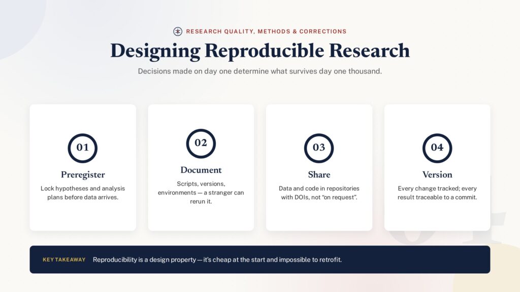 Four numbered practices for designing reproducible research - PublearnHub infographic
