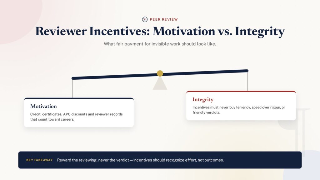 Balance scale weighing reviewer motivation against integrity in academic peer review - PublearnHub infographic