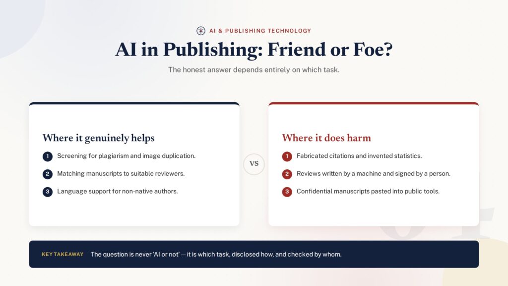 Comparison illustration weighing AI in academic publishing as friend or foe
