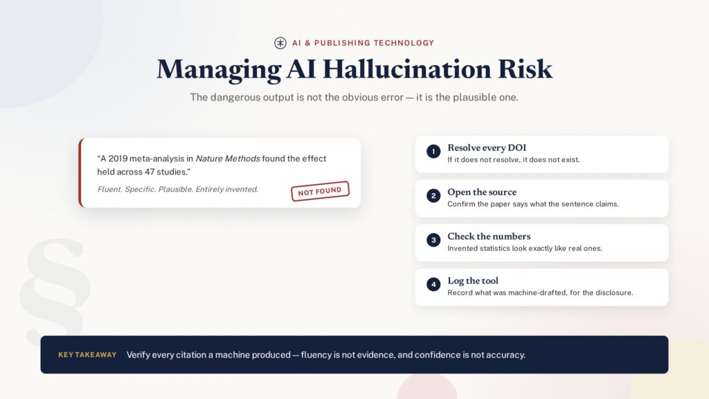 Illustration of a fabricated citation flagged as an AI hallucination risk in academic publishing