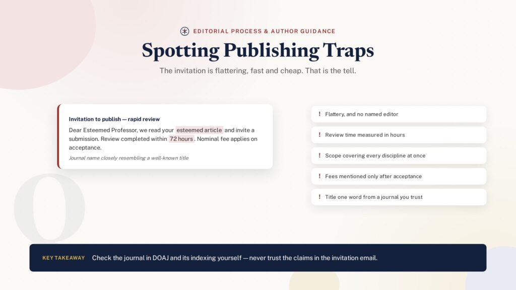 Illustration of a predatory journal invitation email showing how to spot publishing traps