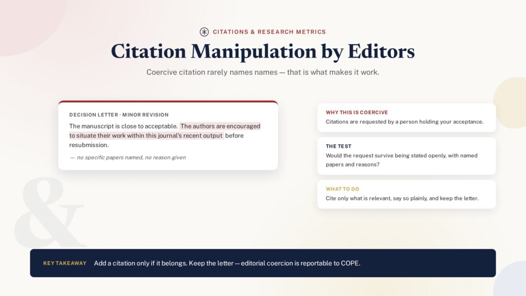 Illustration of a coercive editorial decision letter showing citation manipulation by editors