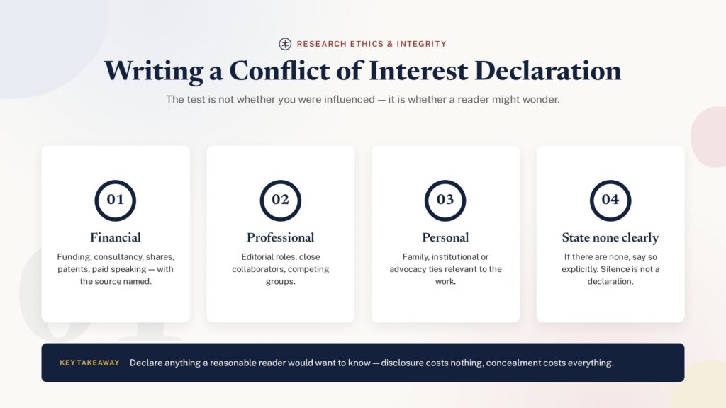 Badge illustration of how to write a conflict of interest declaration