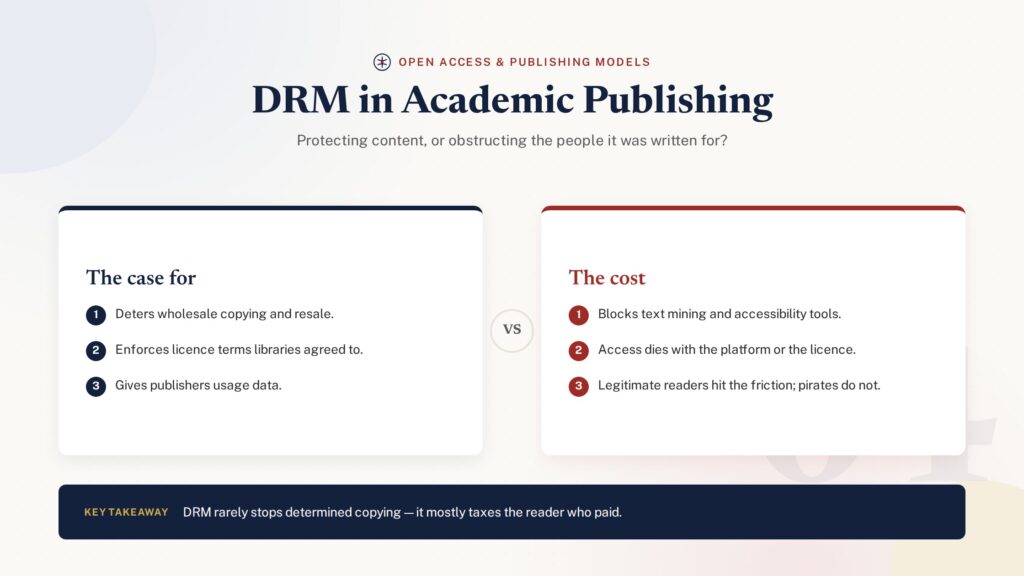 Comparison illustration of DRM protections versus open access in academic publishing