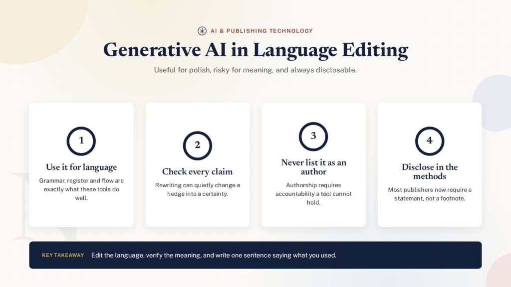 Numbered badge illustration of using generative AI for language editing responsibly