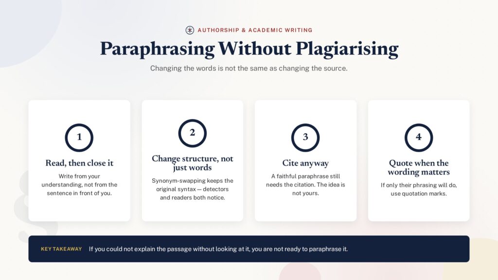 Numbered badge illustration of how to paraphrase sources without plagiarising