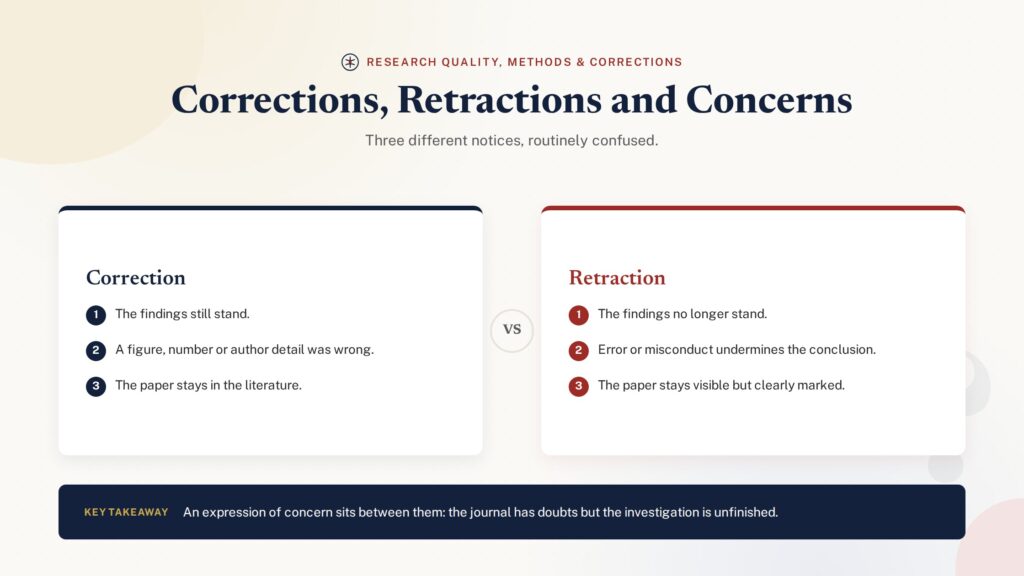Comparison illustration of retractions, corrections and expressions of concern